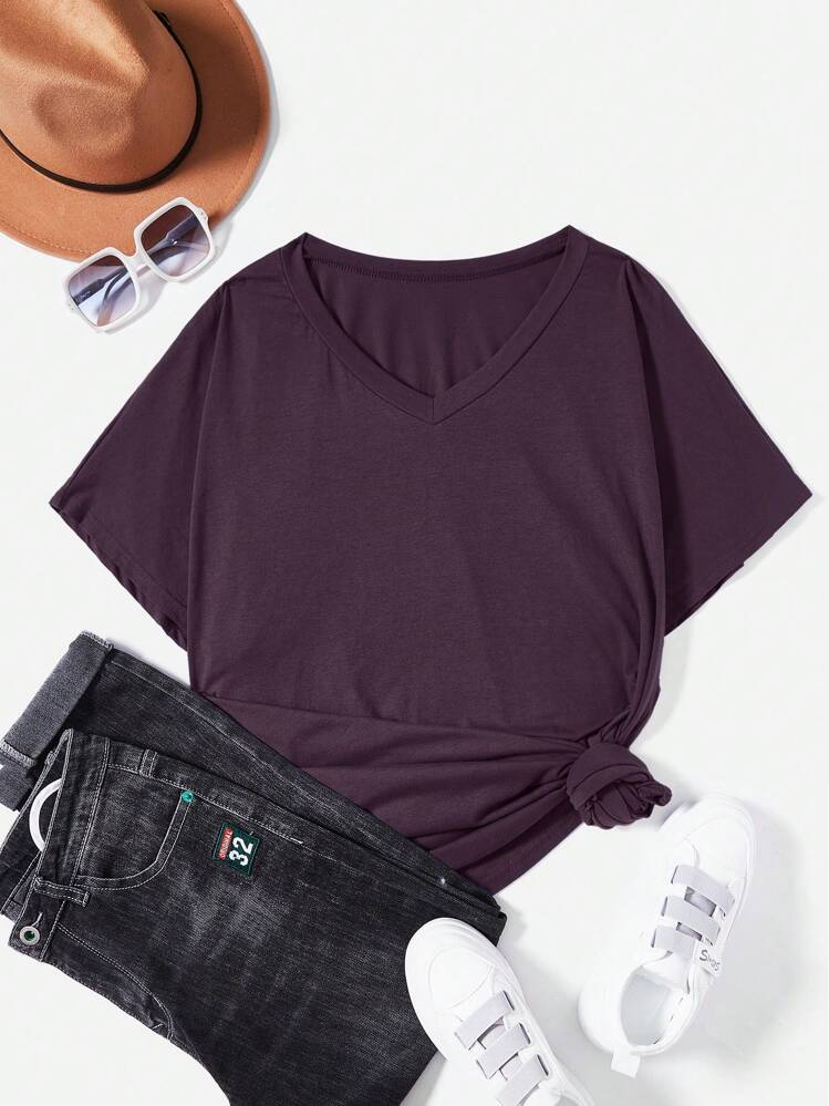 SHEIN Unity Plus Solid Ruched Batwing Sleeve Tee - Purple - View 1