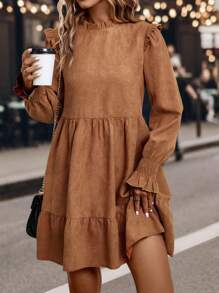 SHEIN LUNE Frill Trim Flounce Sleeve Ruffle Hem Smock Dress