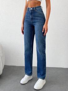 EURMUSE Zipper Fly Straight Leg Jeans - Dark Wash - View 3