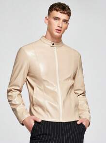 Manfinity NXTstreet Outerwear Pria Kantong Zip Tombol Depan Plain Casual - Aprikot - View 5