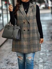 Calvaya Plus Plaid Double Breasted Vest Blazer Graduation,Back To School,Teacher Outfits For Women Winter Fall Autumn - Brown - View 6