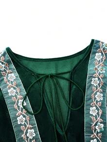 Calvaya Hơn Thêu tương phản Ruy băng Cà vạt Tay áo lồng đèn Nhung Đầm - màu xanh lá - Xem 3