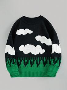 Flirla Suéter de punto de bloque de color con patrón de nubes y formas geométricas para otoño e invierno - Multicolor - Ver 3