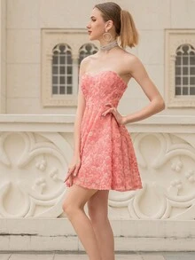 ANGEL FASHIONS Floral Applique Mesh Tube Cocktail Dress - Pink - View 6