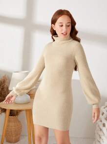 SHEIN 青少年女孩高領燈籠袖條紋針織毛衣洋裝