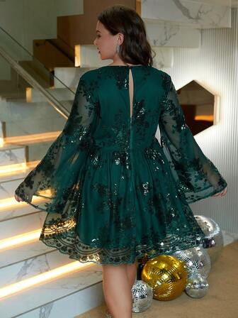 D&M Plus paljettbroderi Sexig Djup V Långärmad Balklänning, Elegant Cocktail Semi-formell Bröllopsgästklänning, För födelsedag, Examen, Middag, Hemkomst