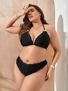 SHEIN Swim Curve 萊葉邊露背比基尼套裝 - 黑色 - 查看 5