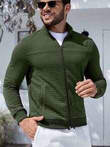 Manfinity Mode 男士拉鏈開襟素色拉鏈開襟運動衫 - 墨綠色 - 查看 1