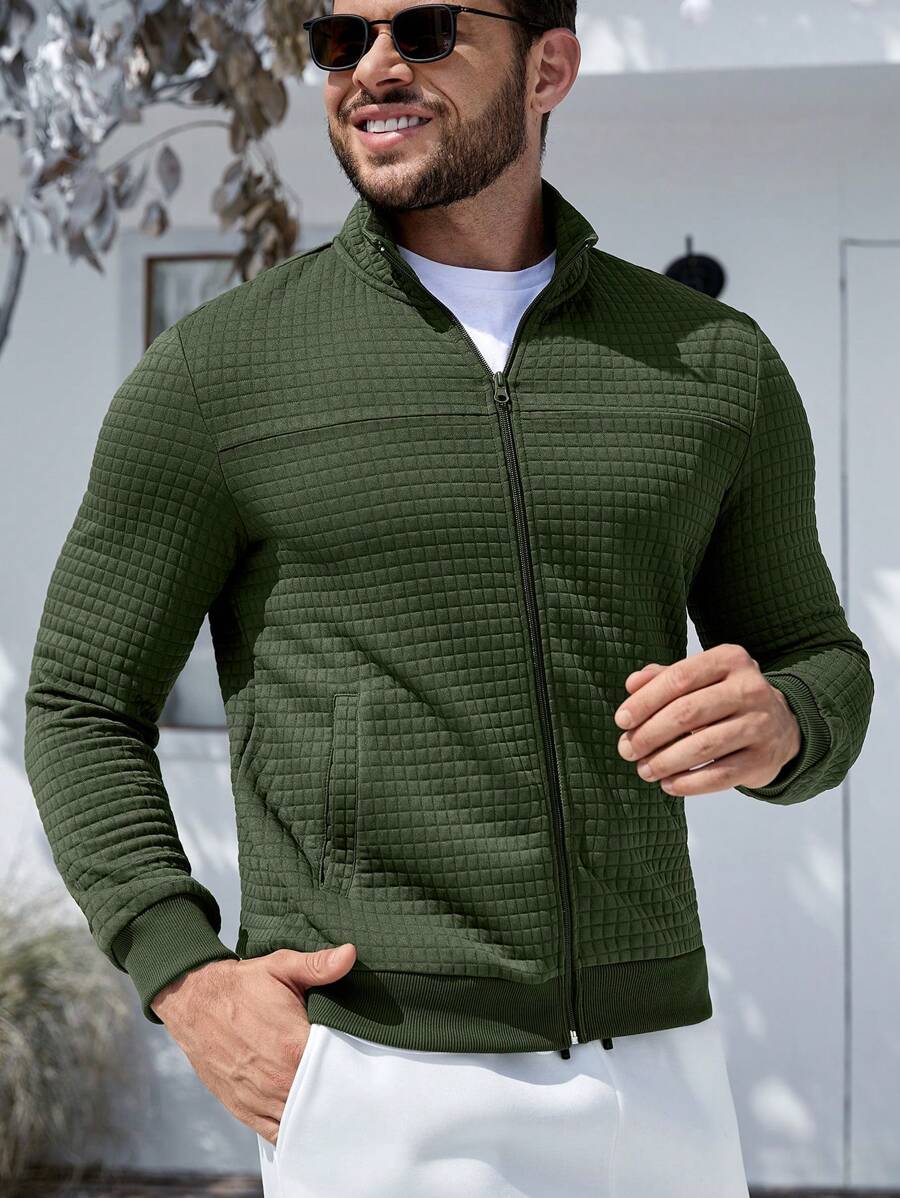 Manfinity Mode 男士拉鏈開襟素色拉鏈開襟運動衫 - 墨綠色 - 查看 1