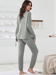 Raglan Sleeve Waffle Knit Lounge Set - Light Grey - View 2
