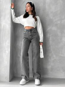 RueChic Quần Jeans Ống Thẳng Cạp Cao - Xám - Xem 4