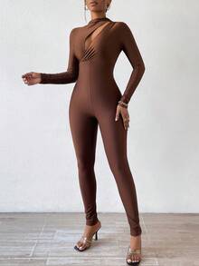 SHEIN Slayr Funnel Neck Cut Out Unitard Jumpsuit - Brown - View 6