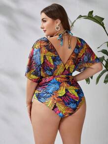 Swim Lushoire Summer Beach Plus Tropical Print Halter One Piece Swimsuit - Multicolor - View 2