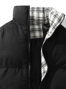 Men Plaid Lined Drawstring Hem Padded Coat, Warming - Black - View 5