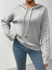 SHEIN Essnce 麻花編織落肩袖抽繩連帽套頭毛衣 - 灰色 - 查看 6