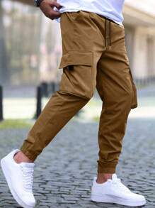 Manfinity Homme Loose Fit Men's Cargo Pants With Flap Pockets And Drawstring Waist - Bronze - View 3