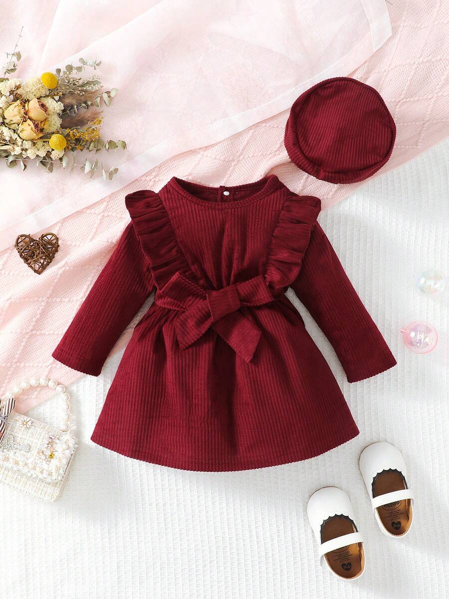 Bebé niña Vestido con cinturón ribete con fruncido con sombrero - Burdeos - Ver 1