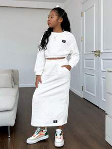 Cô gái Tween Thư được vá Thả vai Áo Crop Pullover & Váy - trắng - Xem 6