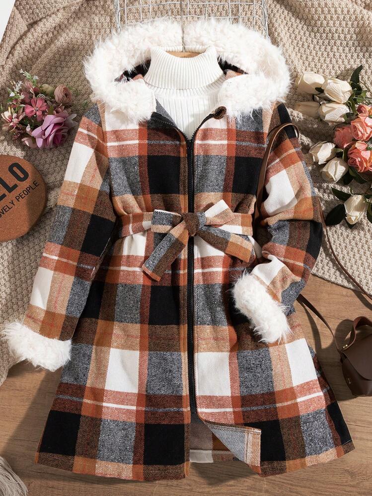 SHEIN Chica preadolescente Abrigo de cuadros ribete lanudo con capucha con cinturón sin jersey - Marrón - Añade 1