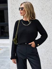 EURMUSE Chất rắn Tay Raglan Đồ đan Ribbed Áo len - màu đen - Xem 3