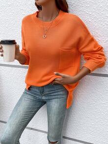 Women Casual Crew Neck Pullover Solid Color Drop Shoulder Patch Pocket Sweater - Orange - View 2