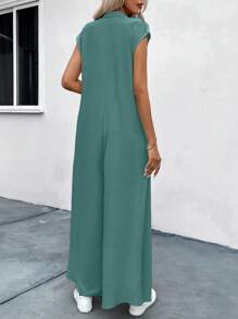 SHEIN LUNE Solid Hidden Pocket Longline Shirt Jumpsuit - Green - View 2