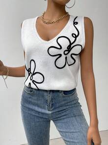 SHEIN Essnce Chaleco de punto con patrón floral sin camisa - Blanco - Ver 5