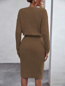 SHEIN Essnce Vestido de punto unicolor de hombros caídos - Camel - Ver 2