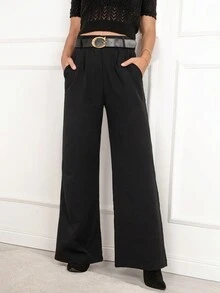 RueChic Solid Wide Leg Belted Pants - Black - View 5