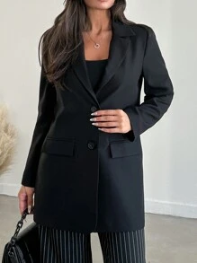 EURMUSE Single-breasted Flap Pocket Blazer - Black - View 3