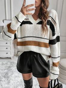 SHEIN LUNE Áo len chui đầu dáng suông, xẻ tà, họa tiết sọc, thích hợp cho mùa thu đông. - Nhiều màu - Xem 7
