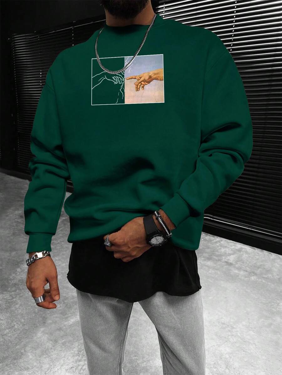 Manfinity Homme 男士手圖案落肩袖運動衫 - 墨綠色 - 查看 1