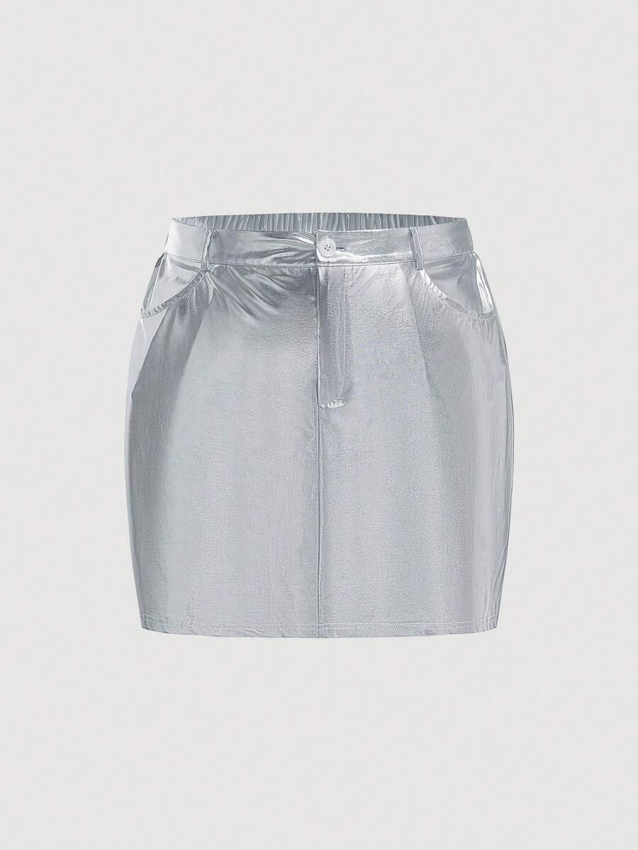 SHEIN ICON Hơn Cao eo Kim loại Váy - Bạc - Xem 1