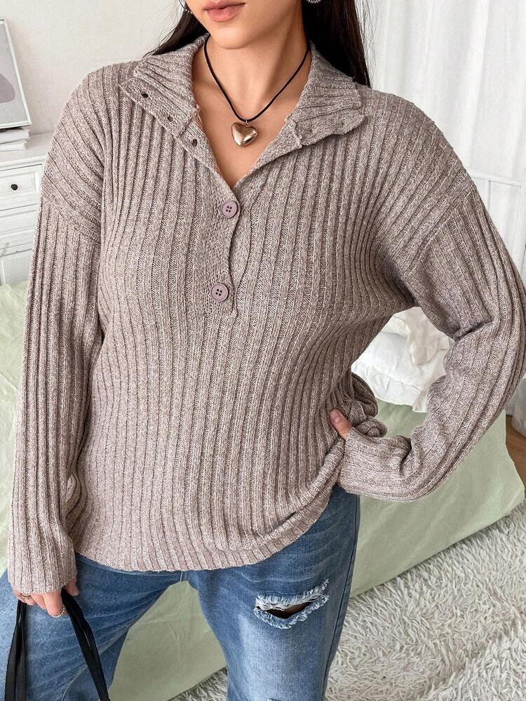 Plus Button Detail Drop Shoulder Sweater Knit Pullover Fall Winter Sweater