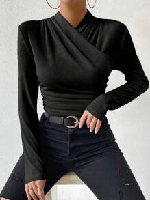 Chiquease Solid Surplice Neck Ruched Side Tee