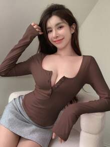 DAZY 纯色纽扣前罗纹针织 T 恤外出上衣，秋季服装长袖女式上衣 - 咖啡棕 - 查看 4