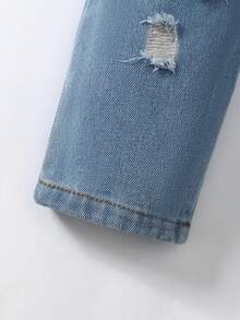 Đứa bé trai Túi Kép Rách Nút phía trước Denim Áo liền quần - Rửa trung bình - Xem 3