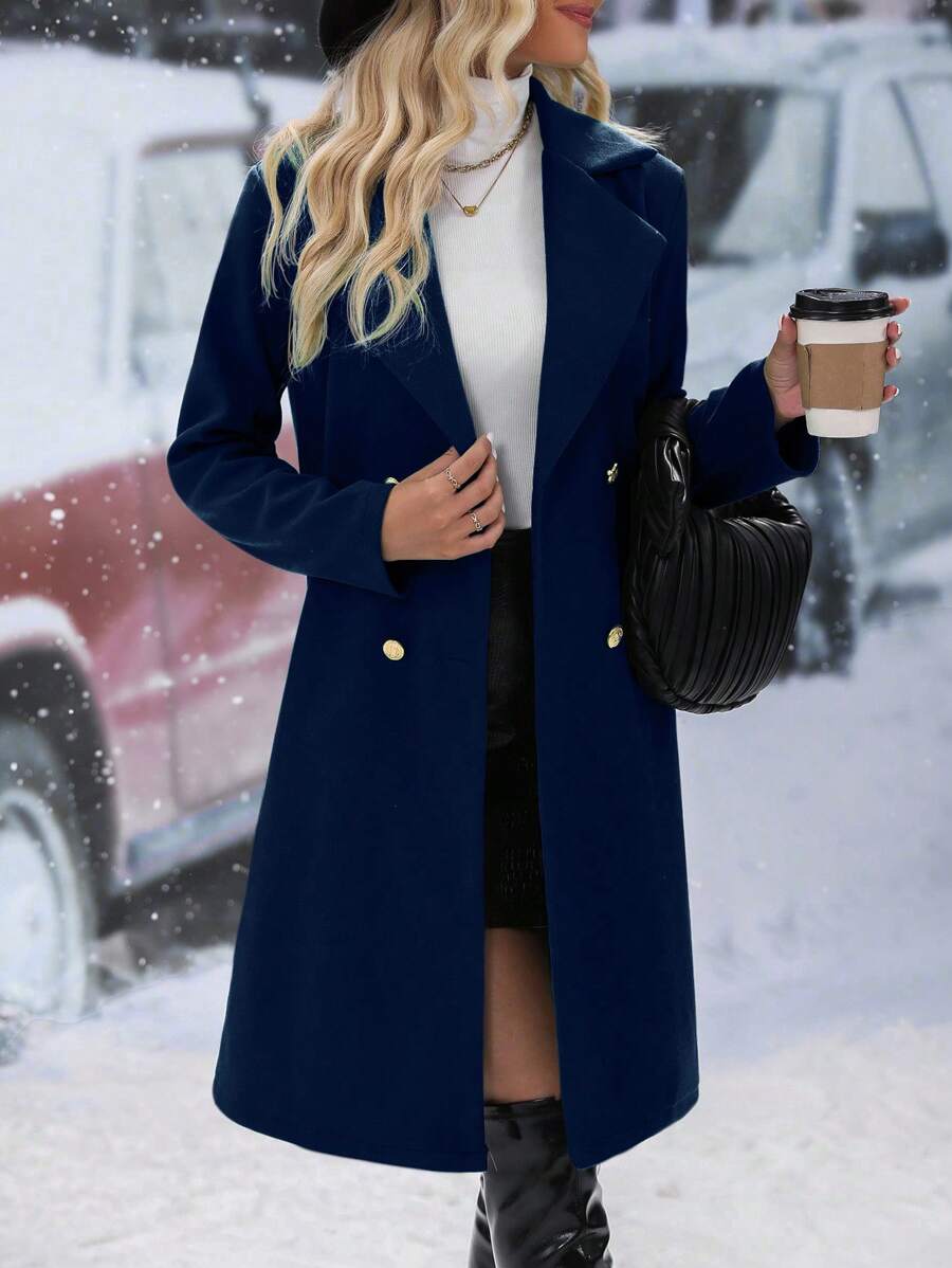 Chiquease 休閒 優雅雙排釦純色女士呢子 - 藏蓝色 - 查看 1