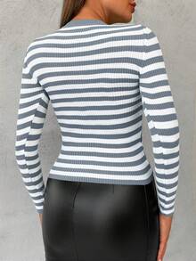 EURMUSE Women's Striped Slim Fit Pullover Sweater - Grey - View 2