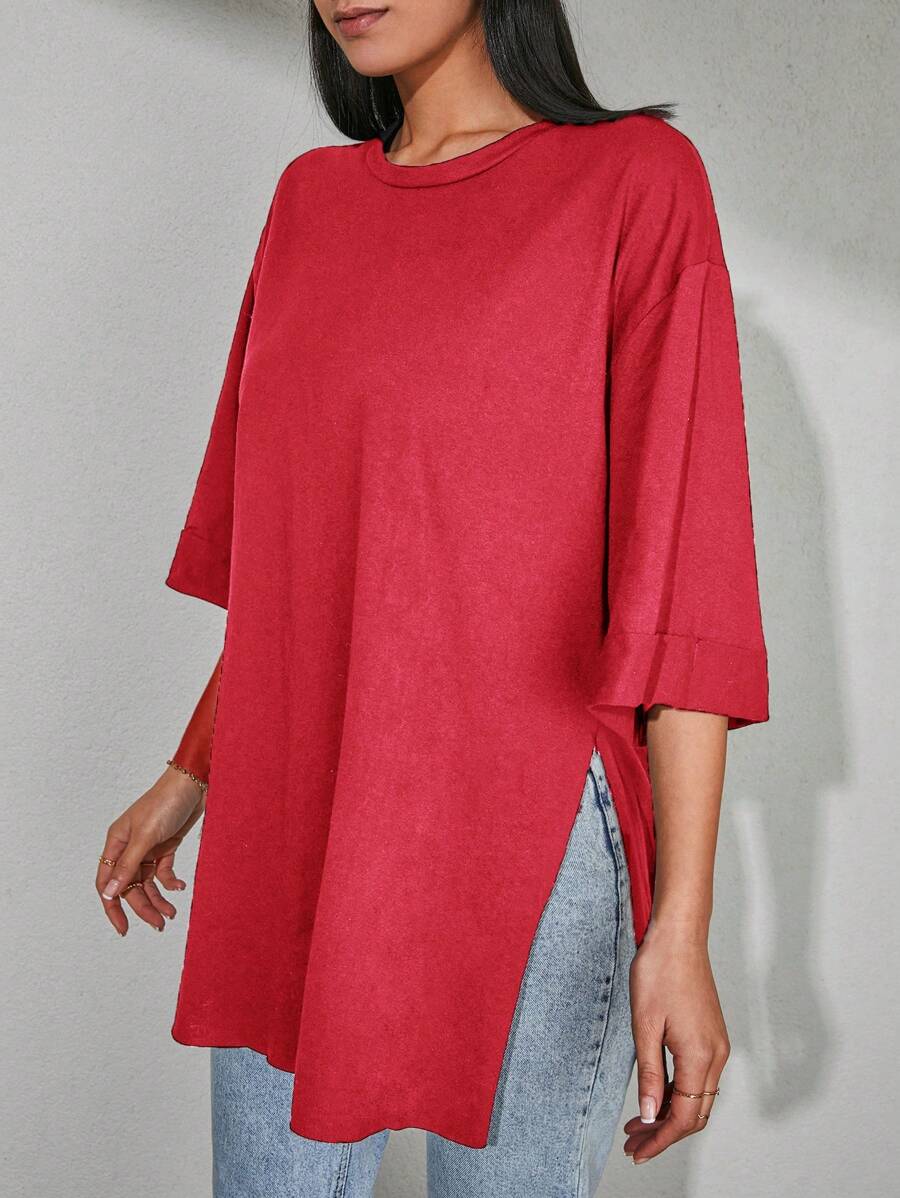 Cottnline 100%Cotton Solid Drop Shoulder Split Hem Tee - Red - View 1