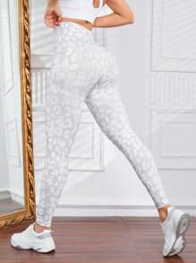 Leopard Print Wide Waistband Sports Leggings - Multicolor - View 3