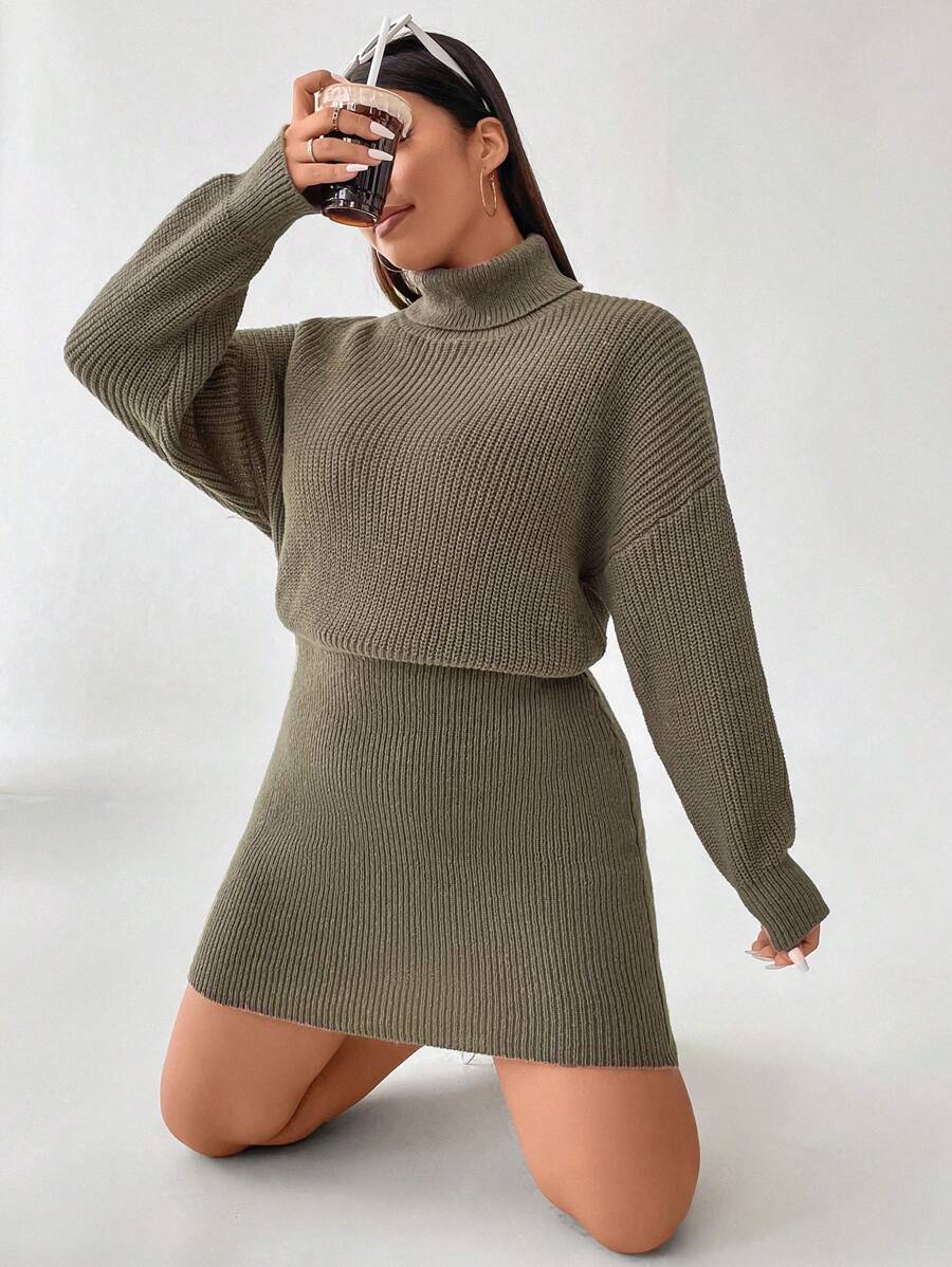 Flirla 大碼高領落肩袖毛衣洋裝 - 紫紅色 - 查看 1