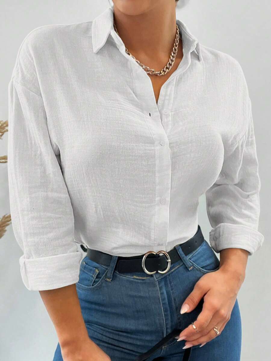 Drop Shoulder Solid Longline Shirt Summer Tops Vacation Clothes - White - View 1