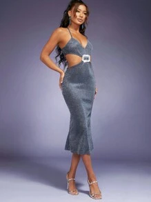 Hauture Rhinestone Buckle Glitter Cami Dress - Blue - View 4