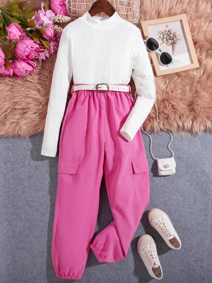 SHEIN Tween Girl Mock Neck Tee & Flap Pocket Pants With Belt - Pink - View 1