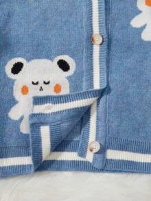 Baby Boy Bear Pattern Striped Trim Cardigan - Blue - View 3
