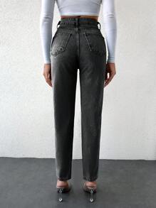 SHEIN Cottnline بنطلون جينز بساق مستقيمة للنساء ، للنساء الصغيرات - رمادي غامق - مشاهدة 2