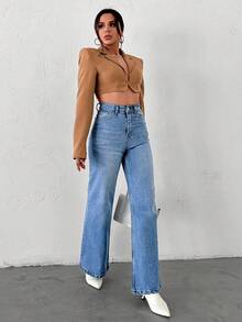 SHEIN Cottnline 直筒高腰牛仔褲 - 霧霾藍 - 查看 3