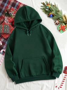 SHEIN EZwear In Giáng sinh Túi kangaroo Dây rút Lót nhiệt Hoodie - Màu xanh lá cây đậm - Xem 2