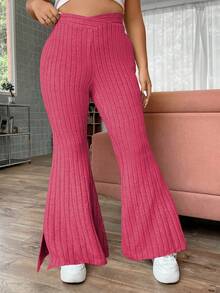 Flirla Hơn Eo chồng lên Viền chia cắt Quần ống loe - Màu Hồng Tươi - Xem 3